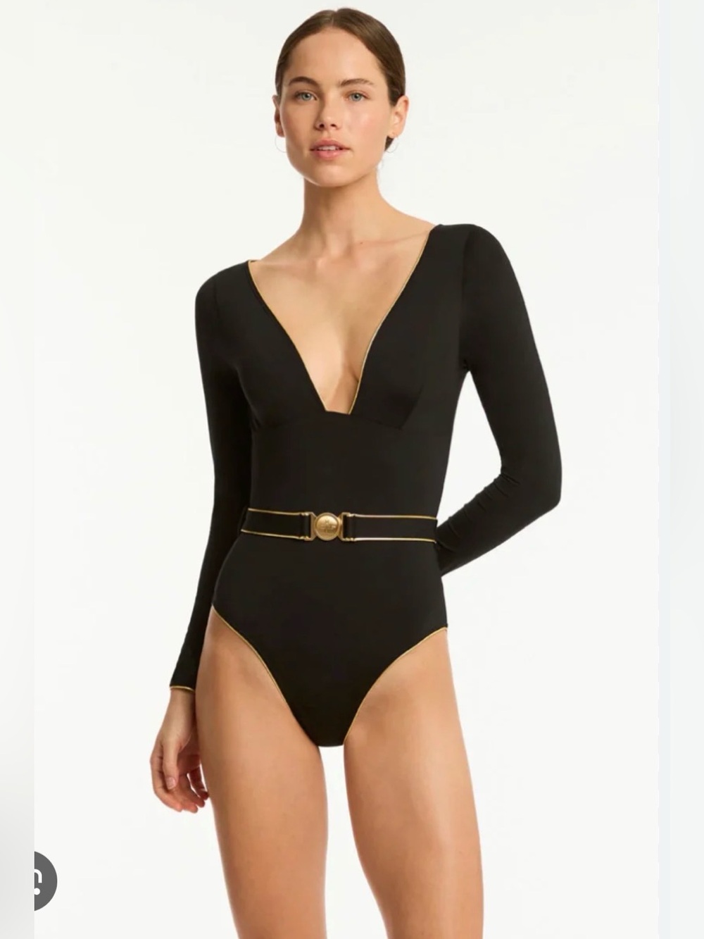 INDIA HICKS x SEA LEVEL Black Gold Belted One Piece Sleeved Swimsuit US 8 NWT